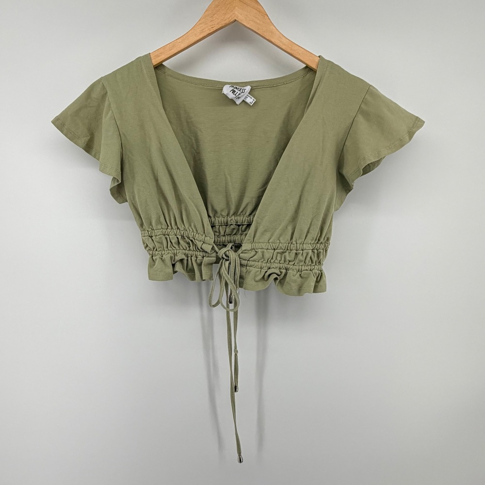 Princess Polly Smocked Tie Front Crop Top Size 6 Boho Flutter Sleeve Olive Green